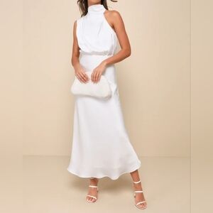 Lulus Distinctive Charm White Satin Asymmetrical Midi Dress, Size Medium